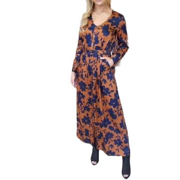 FRNCH Dresses & Skirts - FRNCH Fall Rust and Midnight Blue Floral Print  Long Sleeve Midi Dress Medium